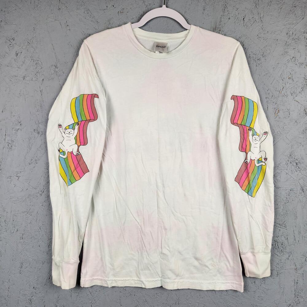 RIPNDIP Shirt Mens Small White Long Sleeve Must Be Nice Cat Unicorn Graphic Logo